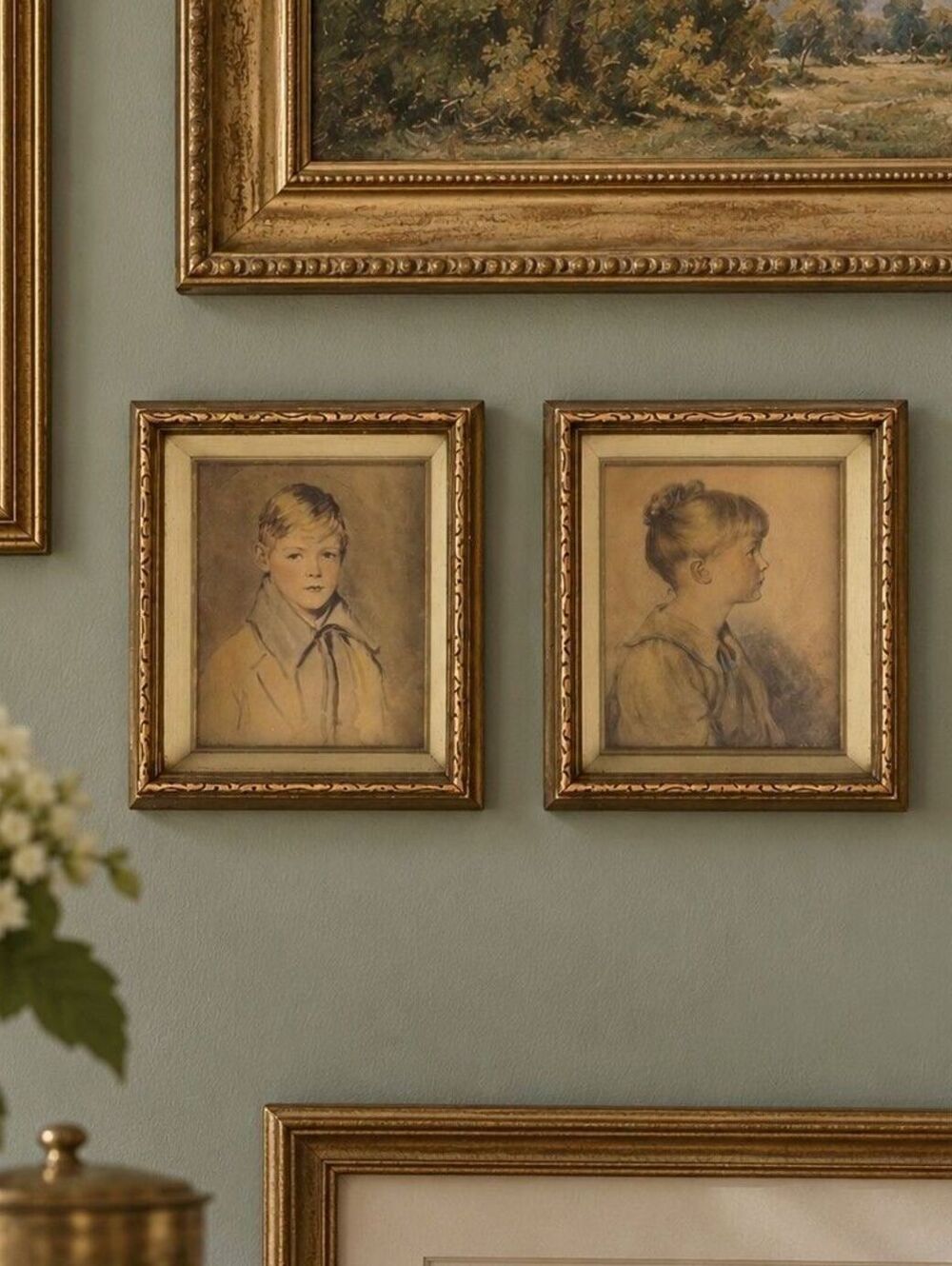 Vintage Pair of Framed Portrait Sketches "Peter and Charlotte" Gold Frame